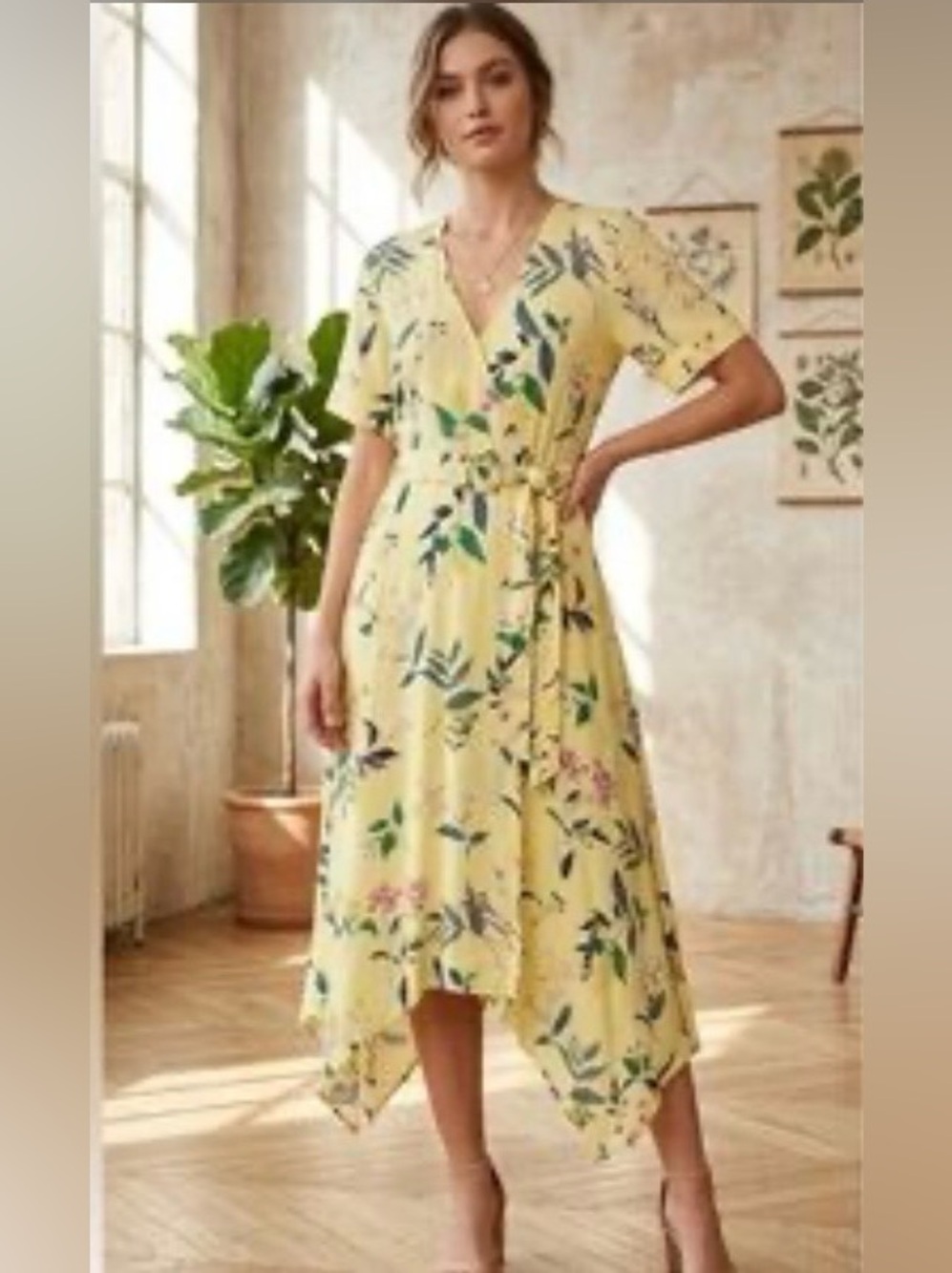 Banana Republic Yellow Floral Handkerchief-Hem Wrap Dress.